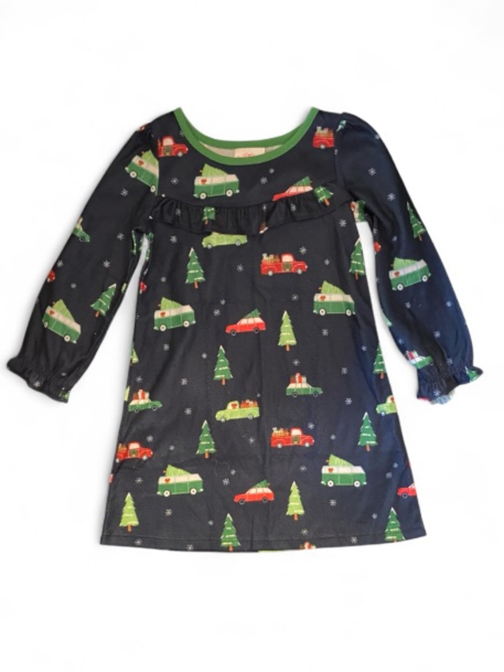 Wondershop Navy Holiday Tree and Car Print Dress with Green Trim